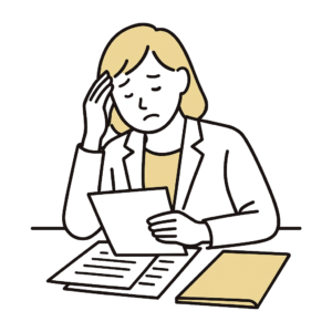 書類選考に悩む人事担当者の女性が、履歴書を見ながら頭を抱えているイラスト