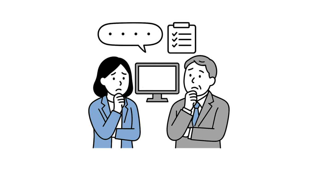 マーケティング担当者がパソコンの前で頭を抱えながら悩んでいるイラスト。アンケート結果が定型的で浅く、戦略につながる深い情報が得られず困っている様子を表している。